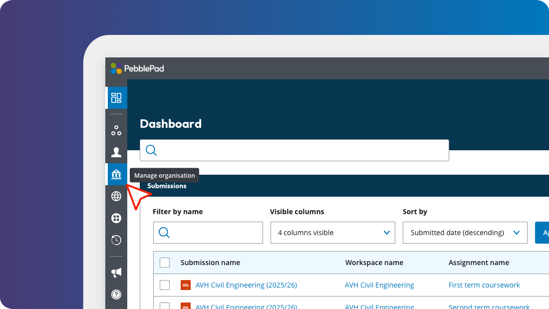 The revamped ATLAS navigation menu in PebblePad with the expand menu button highlighted.
